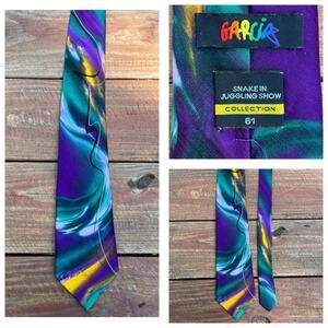 J Garcia Silk Tie Snake in Juggling Show Collection 61 Purple Teal Rainbow Logo